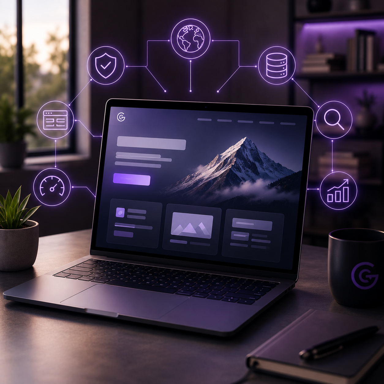 Visual van een AI-ready foundation layer met technische infrastructuur, monitoring, beveiliging en AI-optimalisatie voor websites.
