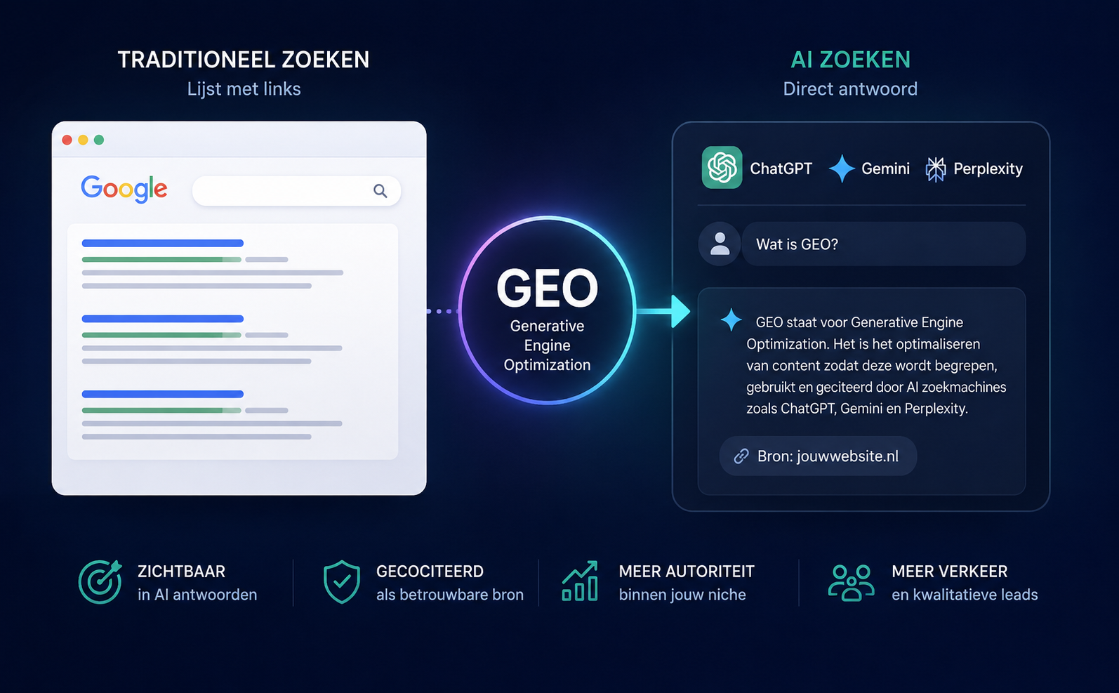 Visualisatie van het verschil tussen traditioneel zoeken via Google en AI zoeken via ChatGPT, Gemini en Perplexity met GEO als brug tussen zoekmachines en AI-antwoorden.